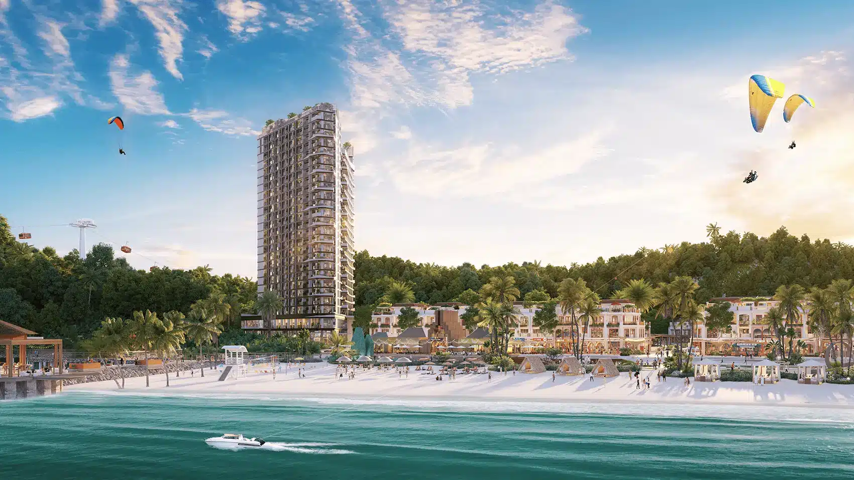 Khu du lịch Xanh Island Cát Bà với bãi tắm nhân tạo công cộng và trung tâm thương mại.