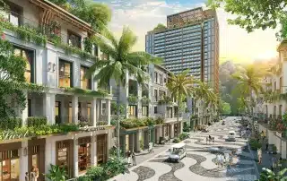 Phố đi bộ và các kiến trúc độc đáo tại Xanh Island Cát Bà, điểm đến du lịch xanh hấp dẫn.