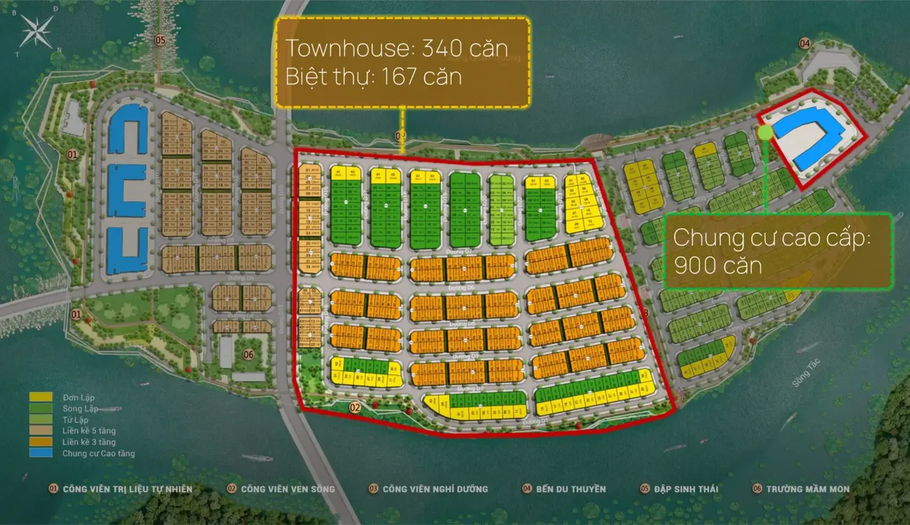 Bản đồ Charmora City: 900 căn hộ cao cấp, 340 căn townhouse, 167 căn biệt thự.