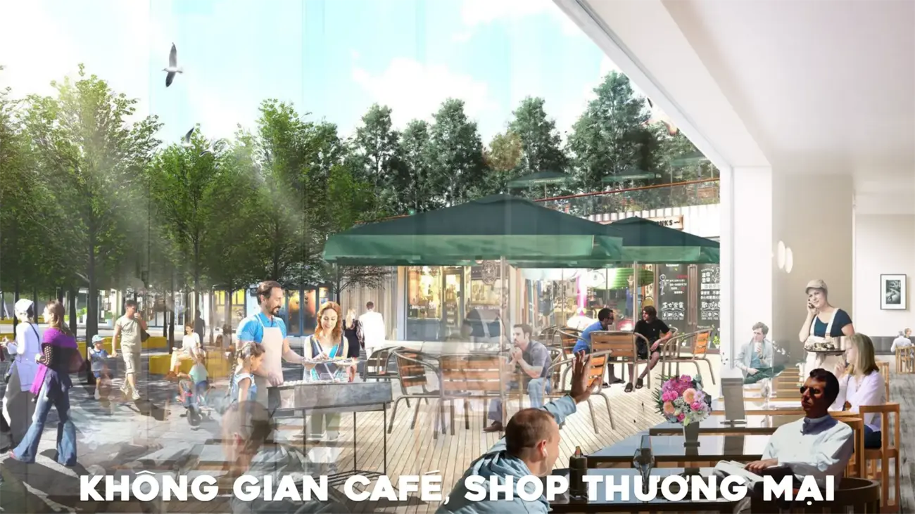 Không gian thương mại và cafe tại Charmora City, nơi mua sắm và thư giãn lý tưởng.